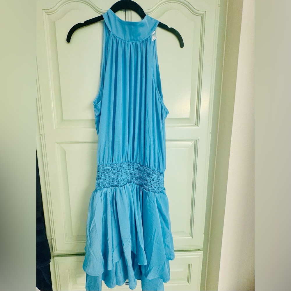 VENUS Blue Smock Waist Halter Mini Dress